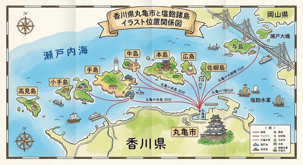 丸亀からアクセスできる島々のイラスト